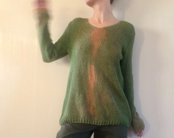 Green orange wool silk tunic Ombre hand dyed SWEATER Unique olive knit blouse  Artsy women's jumper  OOAK 642