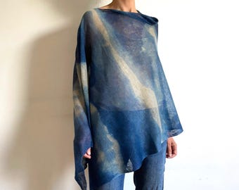 Blue Ombre Linen Poncho: Knit Shawl, Boho Cover-Up