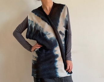 Black ecru wool vest, sleeveless sweater, artsy merino wool cardigan, unique hand dyed ombre waistcoat, one size, gift for her OOAK 209