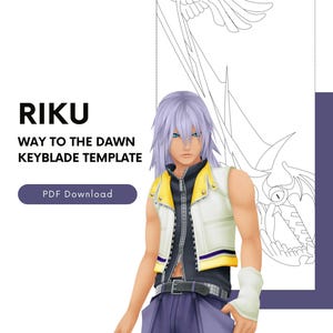 Pode incluir: Um modelo digital para uma Keyblade Way to the Dawn com o personagem Riku de cabelo prateado, olhos azuis, colete branco e amarelo e calças roxas. O texto diz RIKU WAY TO THE DAWN KEYBLADE TEMPLATE e PDF Download.