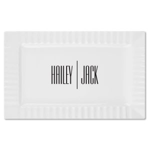 May include: White rectangular serving tray with a raised edge and a decorative fluted design. The tray has the names "HAILEY" and "JACK" printed in black on the front.