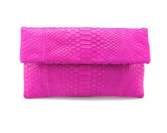 Pinke Schlangenleder Clutch | Foldover Clutch Tasche | Umschlag Clutch | Lederhandtasche | Python Tasche | Schlangenleder Tasche