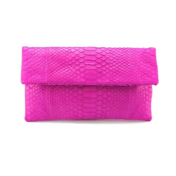 Hot pink snakeskin clutch | foldover clutch bag |  envelope clutch | leather clutch bag | python bag | snakeskin bag