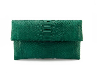 Pochette in pelle di serpente verde scuro / pochette pieghevole / pochette a busta / pochette in pelle / borsa in pitone / borsa in pelle di serpente