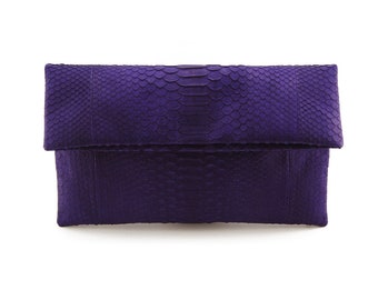 Pochette in pelle di serpente viola indaco / pochette pieghevole / pochette a busta / pochette in pelle / borsa in pitone / borsa in pelle di serpente