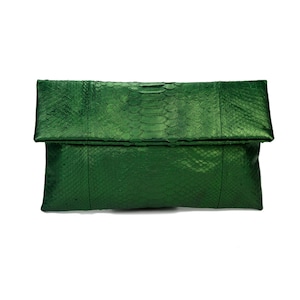 Bolso de mano de piel de serpiente verde metalizado / bolso de mano plegable / bolso de mano tipo sobre / bolso de mano de piel / bolso de pitón / bolso de piel de serpiente