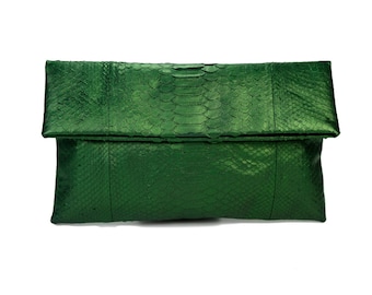 Pochette in pelle di serpente verde metallizzato / pochette pieghevole / pochette a busta / pochette in pelle / borsa in pitone / borsa in pelle di serpente