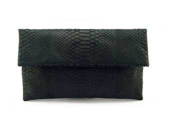 Black snakeskin clutch | foldover clutch bag |  envelope clutch | leather clutch bag | python bag | snakeskin bag