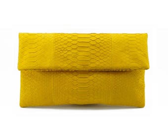 Yellow snakeskin clutch | foldover clutch bag |  envelope clutch | spring clutch | leather clutch bag | python bag | snakeskin bag