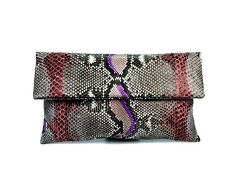 In saldo! Pochette in pelle di serpente marrone e lilla / pochette pieghevole / pochette a busta / pochette in pelle / borsa in pitone / borsa in pelle di serpente