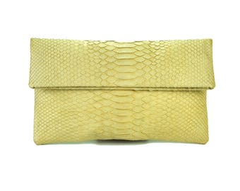 Sale! Light yellow snakeskin clutch | foldover clutch bag |  envelope clutch | leather clutch bag | python bag | snakeskin bag