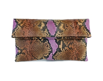 Pochette in pelle di serpente con motivo rosa-arancio / pochette pieghevole / pochette a busta / pochette in pelle / borsa in pitone / borsa in pelle di serpente