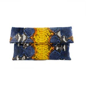Bolso de mano de piel de serpiente azul y amarillo / bolso de mano plegable / bolso de mano tipo sobre / bolso de mano de cuero / bolso de pitón / bolso de piel de serpiente