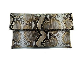 Pochette in pelle di serpente con motivo beige chiaro / pochette pieghevole / pochette a busta / pochette in pelle / borsa in pitone / borsa in pelle di serpente