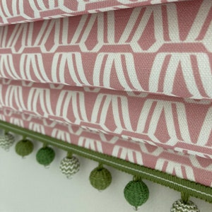 Bespoke Roman Blind - Deco Dusty Pink/Lime Green - natural linen fabric