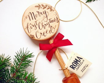 Personalized Baby's First Christmas Gift | Keepsake Wooden Rattle | Heirloom Baby Stocking Stuffer | Natural Wood Teether