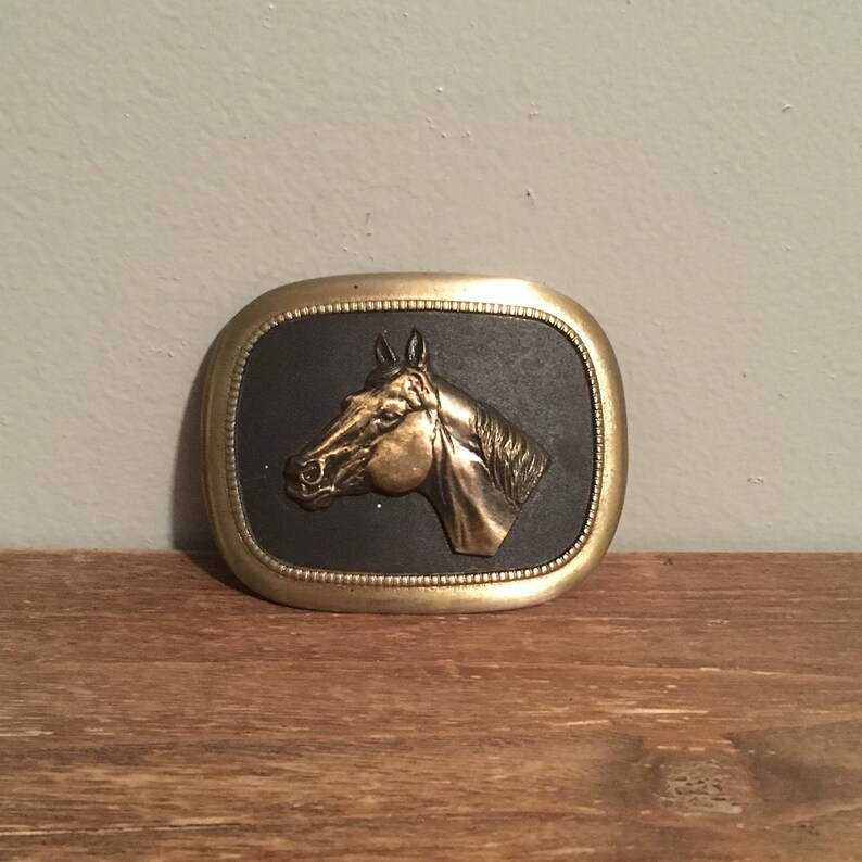 Brass Belt Buckle with Black Background and Horse Horse Brass Buckle