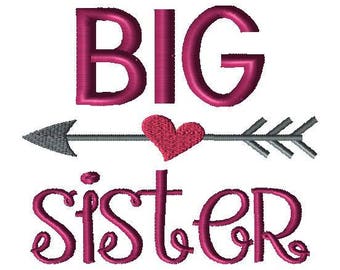Big Sister - Embroidery File, Kids Designs, Big Sister, heart with arrow, Digital Download