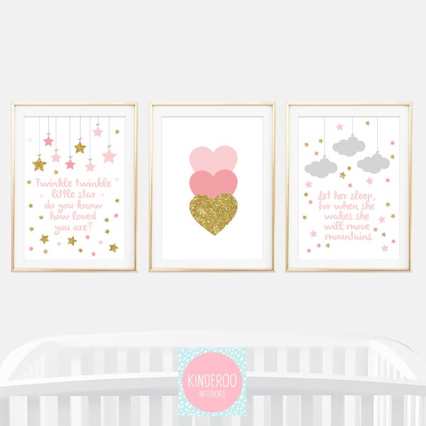 Pink, Grey and Gold Glitter Set  | Baby Girls Nursery | Star, Heart and Cloud Prints | Set of 3 | Watercolour Prints