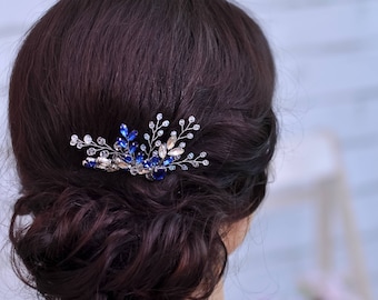 Something blue for bride hair accessories Sapphire hair comb Sapphire jewelry Blue hair piece Crystal hair comb Sapphire hair piece wedding
