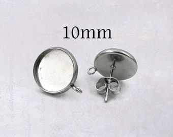 10 Pairs Stainless Steel 10mm Cabochon Stud Setting with Loop - Earring Posts