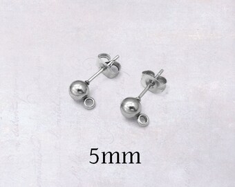 10 x Pairs Stainless Steel 5mm Ball Stud Earring Posts w/ Earnut Backings & Loops
