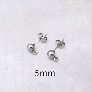 10 x Pairs Stainless Steel 5mm Ball Stud Earring Posts w/ Earnut Backings & Loops