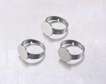 10 x Adjustable Stainless Steel Ring Blanks with 12mm Pad Cabochon Setting