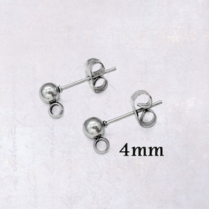 10 x Pairs Stainless Steel 4mm Ball Stud Earring Posts w/ Earnut Backings & Loops