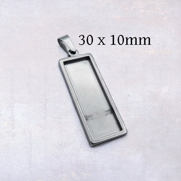 3 x Stainless Steel 30mm x 10mm Rectangle Cabochon Tray Bezel Pendant Settings