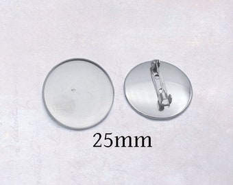 10 x Stainless Steel 25mm Round Cabochon Brooch Settings