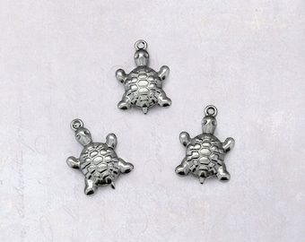 5 x Small Stainless Steel Turtle Charms - Double Sided Dark Silver Tone