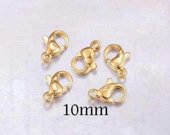 10 x Gold Tone 10mm Stainless Steel Lobster Claw Parrot Clasps