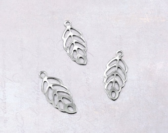 100 x Stainless Steel Small & Thin Filigree Leaf Charms - 316 Grade Silver Tone