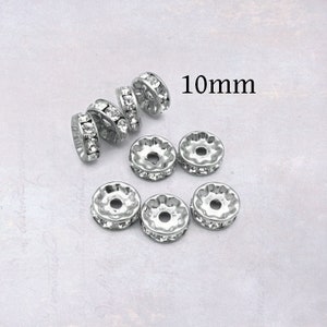 10 x Stainless Steel 10mm Rondelle Disc Spacer Beads with Clear Glass Crystal Rhinestones - 316 Surgical Grade
