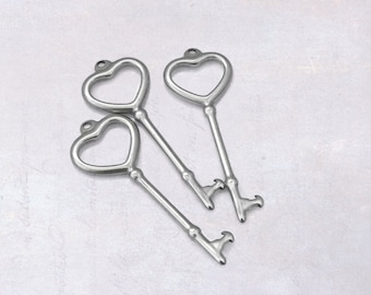 3 x Stainless Steel Heart Key Pendants