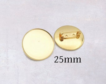 5 x Gold Tone Stainless Steel 25mm Round Cabochon Brooch Settings