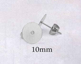 25 / 100 x Pairs 316 Stainless Steel 10mm Flat Pad Earring Stud Settings with Backings