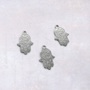 10 x Small Stainless Steel Hamsa Hand Charms - Dark Silver Tone