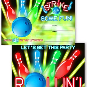 Bowling Party Invitations - 10 Invitations + 10 Envelopes - Bowling Party Supplies - Bowling Invitations - Glow Red
