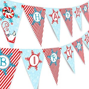 Winter Wonderland Happy Birthday Banner Pennant - Penguin Party Supplies - Penguin Party Decorations - Winter Birthday Party