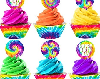 Tie Dye Cupcake Toppers and Wrappers - 24 Party Supplies Decorations Classic 2, Yellow, Pink, Blue, Green, Orange, White, Rainbow