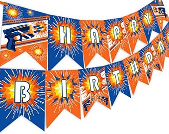May include: A blue and orange banner with the words "Happy Birthday" in white letters. The banner has a Nerf gun and target design.