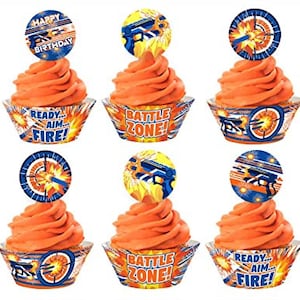 Dart War Cupcake Kit - 48 pieces - 24 Dart War Cupcake Toppers and 24 Cupcake Wrappers - Dart War Party Decorations - Cupcake