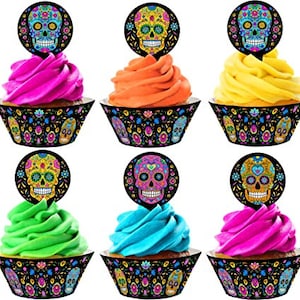 Sugar Skull Cupcake Toppers and Wrappers- 24 Toppers and 24 Wrappers - Day of the Dead Party Supplies - Halloween Party Decorations -cupcake