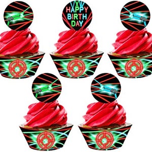 Laser Tag Cupcake Toppers and Wrappers - 24 Cupcake Toppers and 24 Cupcake Wrappers - Laser Tag Party Supplies - Cupcake