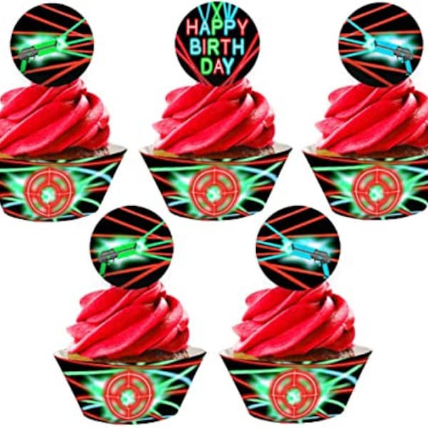 Laser Tag Cupcake Toppers and Wrappers - 24 Cupcake Toppers and 24 Cupcake Wrappers - Laser Tag Party Supplies - Cupcake
