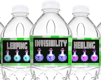 Pixel Waterproof Bottle Labels - 20 Miner Bottle Labels - Pixel Miner Party Decorations - Pixel Bottle Labels - Potions Bottle