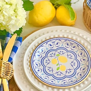 Capri Lemon Paper Plates - Set of 8 Paper Plates - Engagement Party Supplies - Blue China Pattern Paper Plates - Capri Lemon 7 in