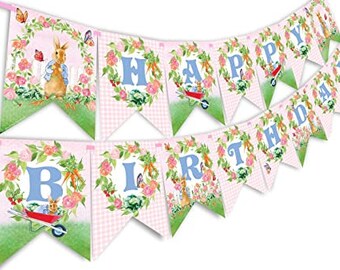 Peter Rabbit Happy Birthday Banner Pennant - Peter Rabbit Birthday Decorations - Peter Rabbit Party Supplies - Pink